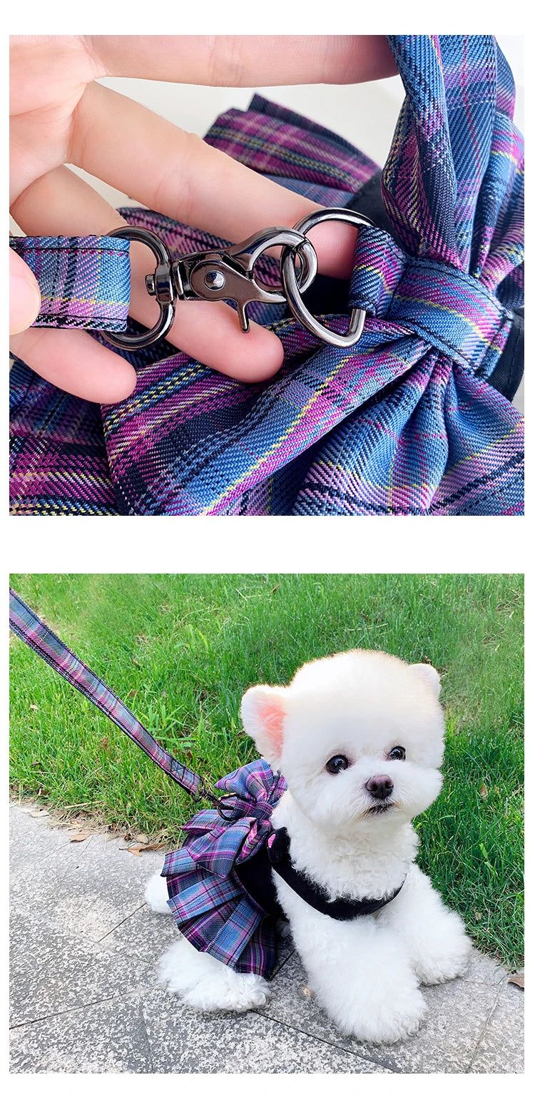 Princess Bow Dog Harness Dress with Leash – Purple & Pink