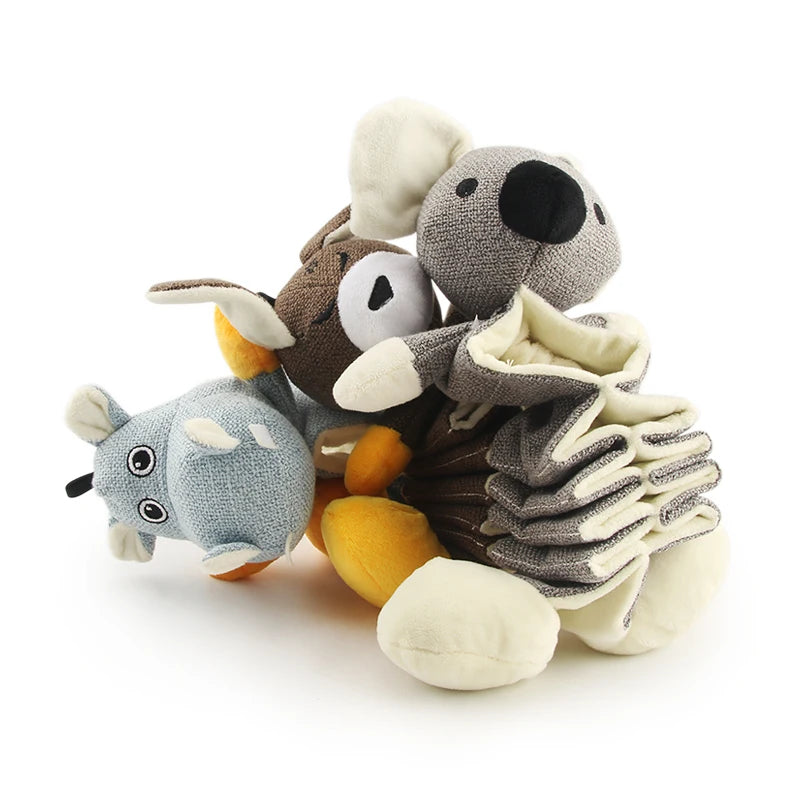Slow Feeder Plush Dog Toy – Koala, Kangaroo, Hippo Design