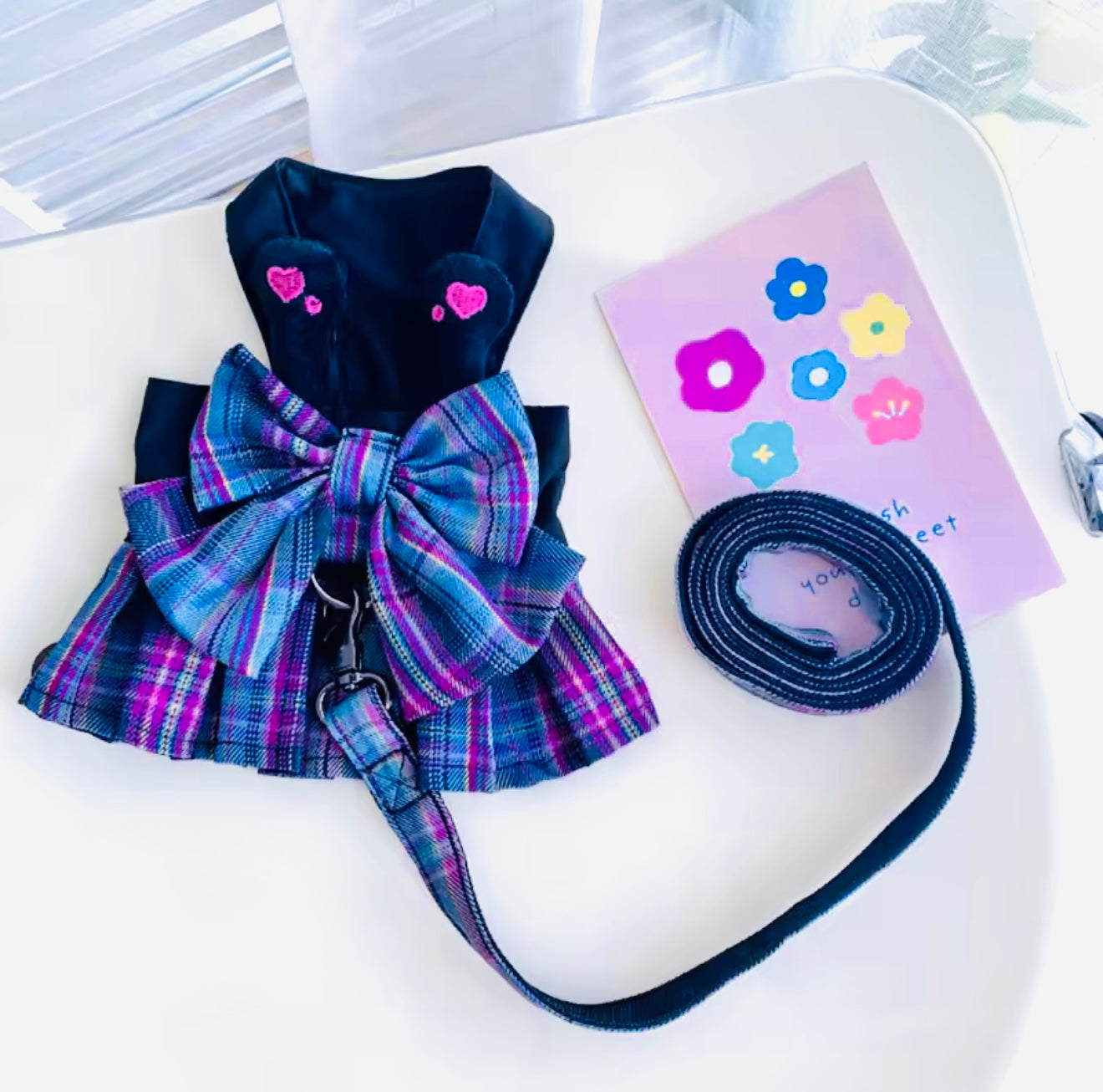 Princess Bow Dog Harness Dress with Leash – Purple & Pink