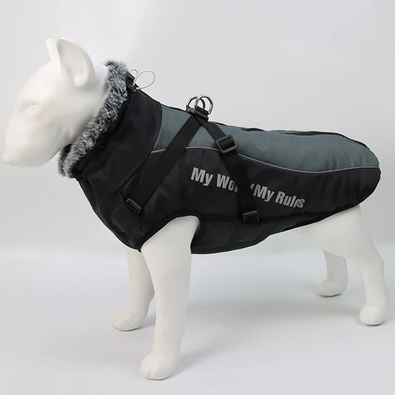 Winter Dog Coat with Harness – Warm Padded Jacket for Big Dogs