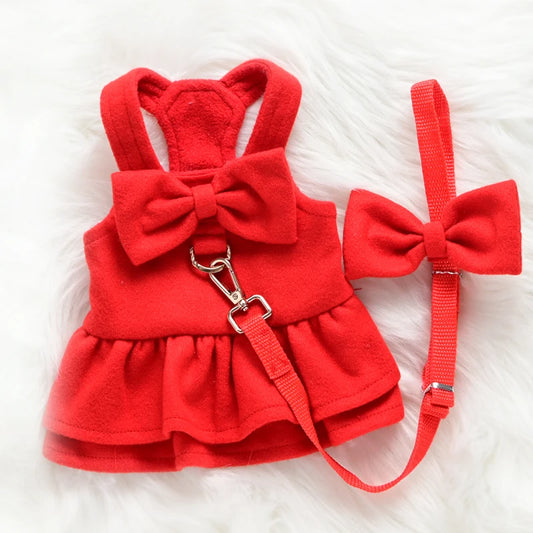Princess Dog Harness Dress with Leash – Red Bow for Small Pets