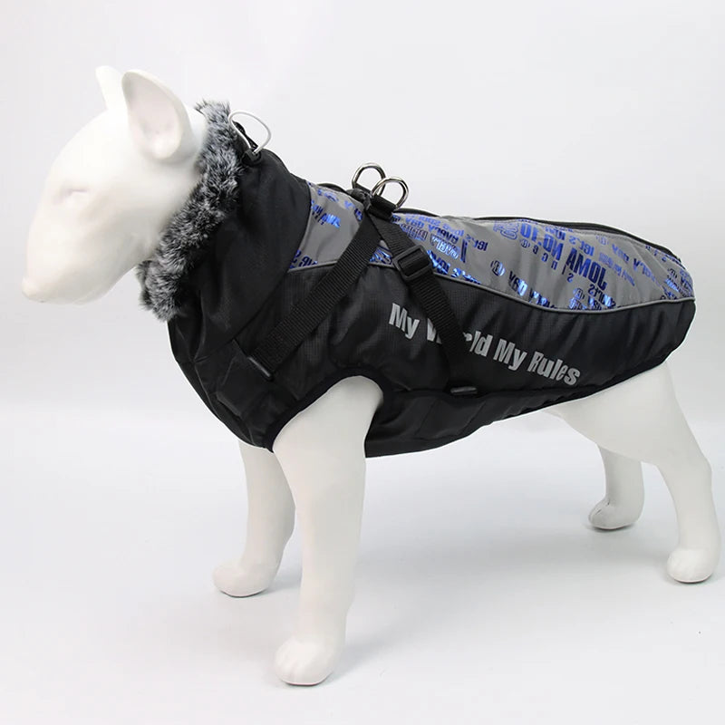 Winter Dog Coat with Harness – Warm Padded Jacket for Big Dogs