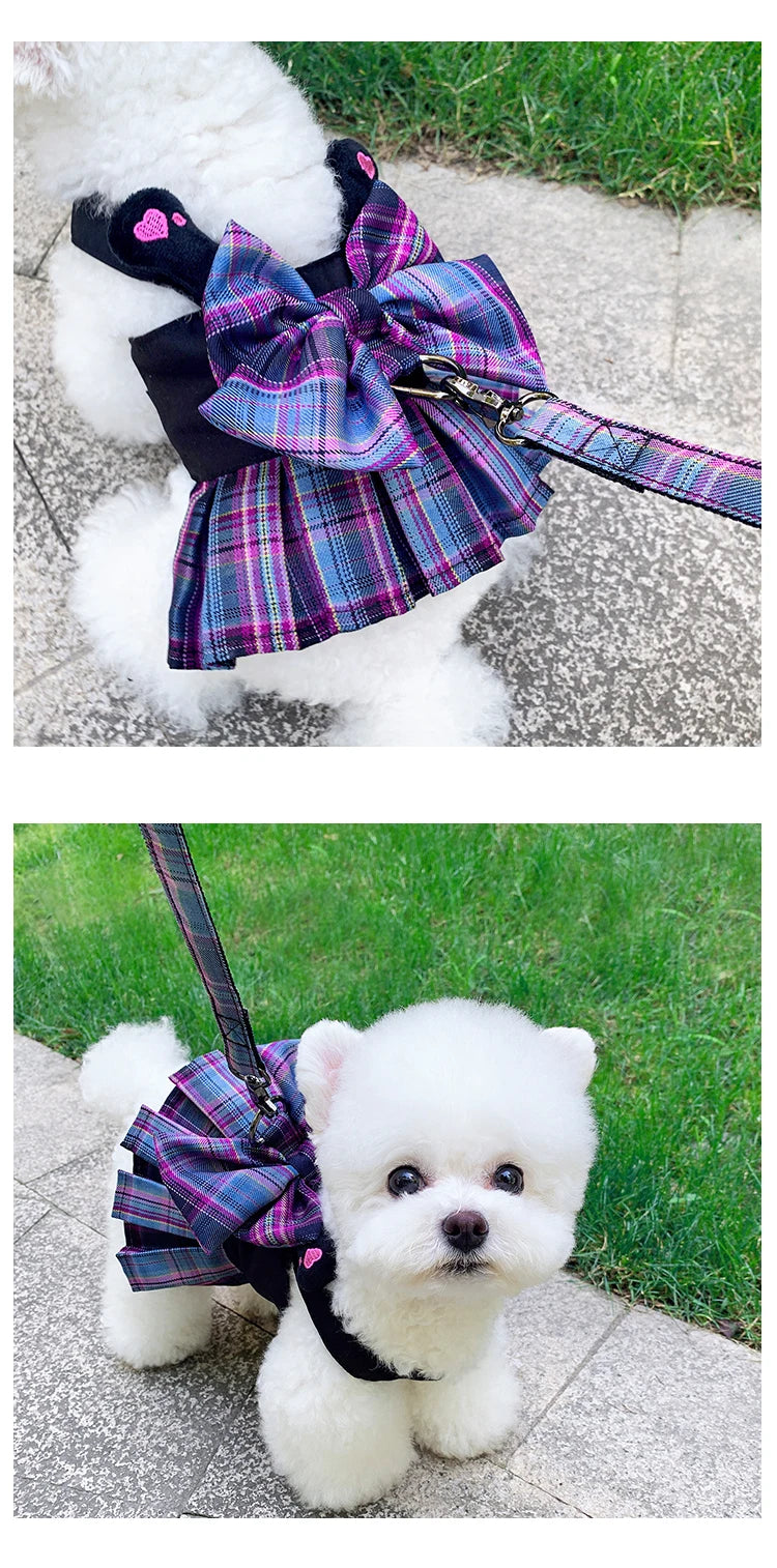 Princess Bow Dog Harness Dress with Leash – Purple & Pink