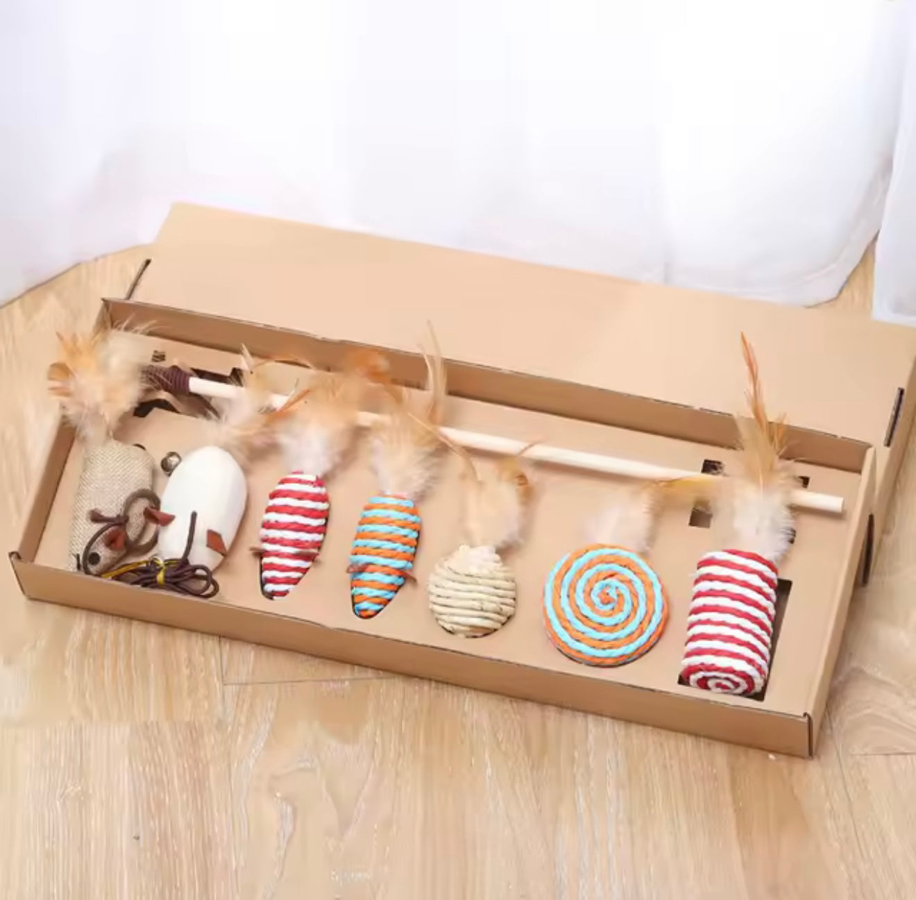 Interactive Cat Toy Set – Rods with Fleece Mouse Toys