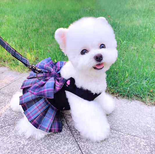 Princess Bow Dog Harness Dress with Leash – Purple & Pink