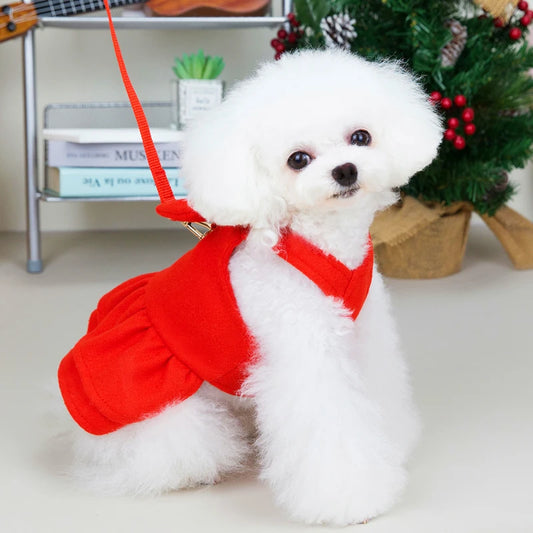 Princess Dog Harness Dress with Leash – Red Bow for Small Pets