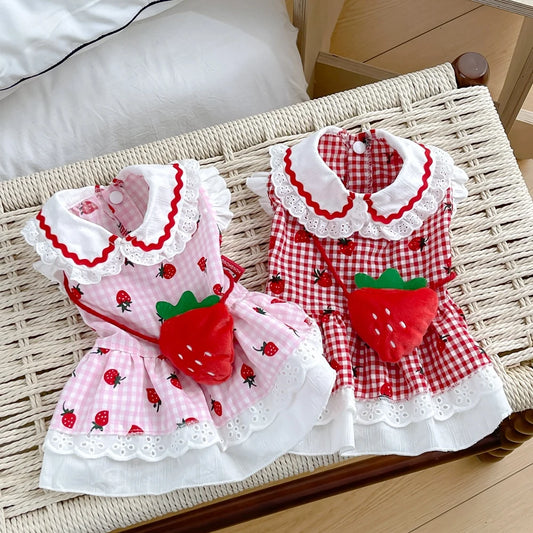 Strawberry Plaid Dog Dress – Spring & Summer Outfit