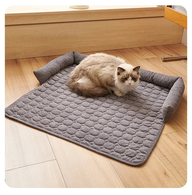 Corduroy Pet Bed Mat with Neck Pillow – Washable & Waterproof