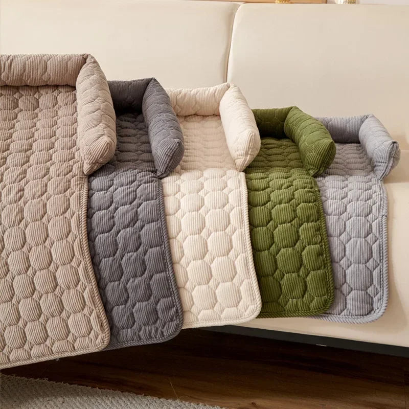 Corduroy Pet Bed Mat with Neck Pillow – Washable & Waterproof