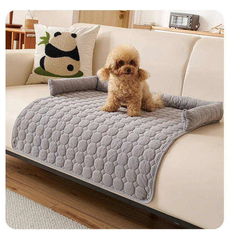 Corduroy Pet Bed Mat with Neck Pillow – Washable & Waterproof