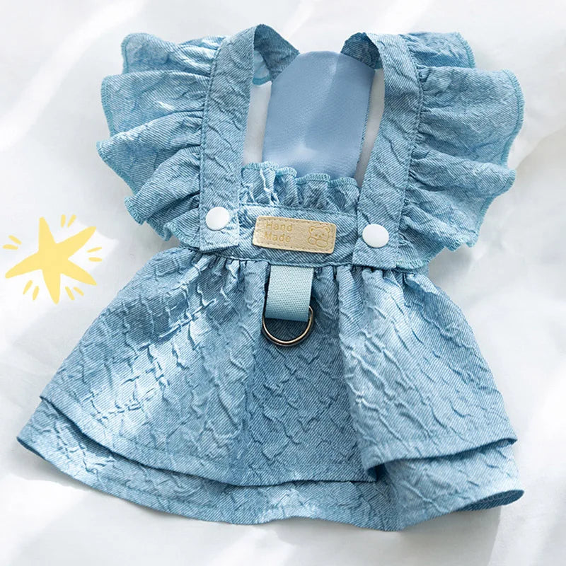 Denim Dog Dress with Leash Ring – Flying Sleeve Outfit