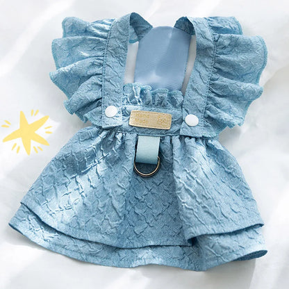 Denim Dog Dress with Leash Ring – Flying Sleeve Outfit
