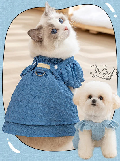 Denim Dog Dress with Leash Ring – Flying Sleeve Outfit
