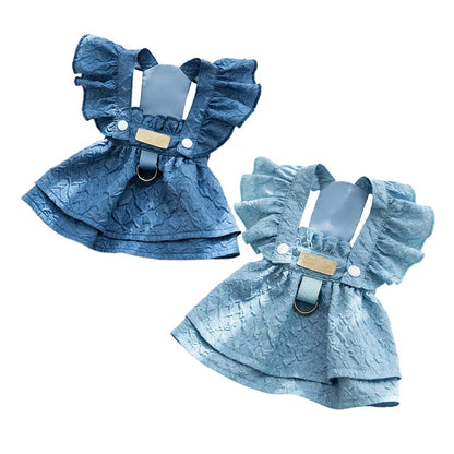 Denim Dog Dress with Leash Ring – Flying Sleeve Outfit
