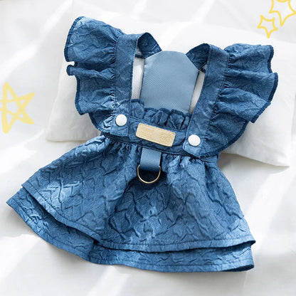 Denim Dog Dress with Leash Ring – Flying Sleeve Outfit