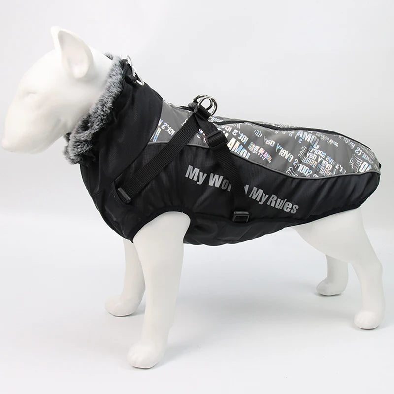 Winter Dog Coat with Harness – Warm Padded Jacket for Big Dogs